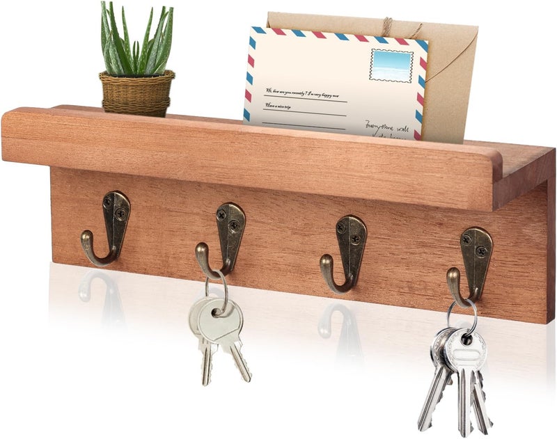 HRONRAD Rustic Key Holder for Wall, Farmhouse Wall Shelf with 4 Hooks, Wall Mounted Key Racks, Wooden Mail Organizer with Hooks for Entryway (Brown - Oak) - Image 1